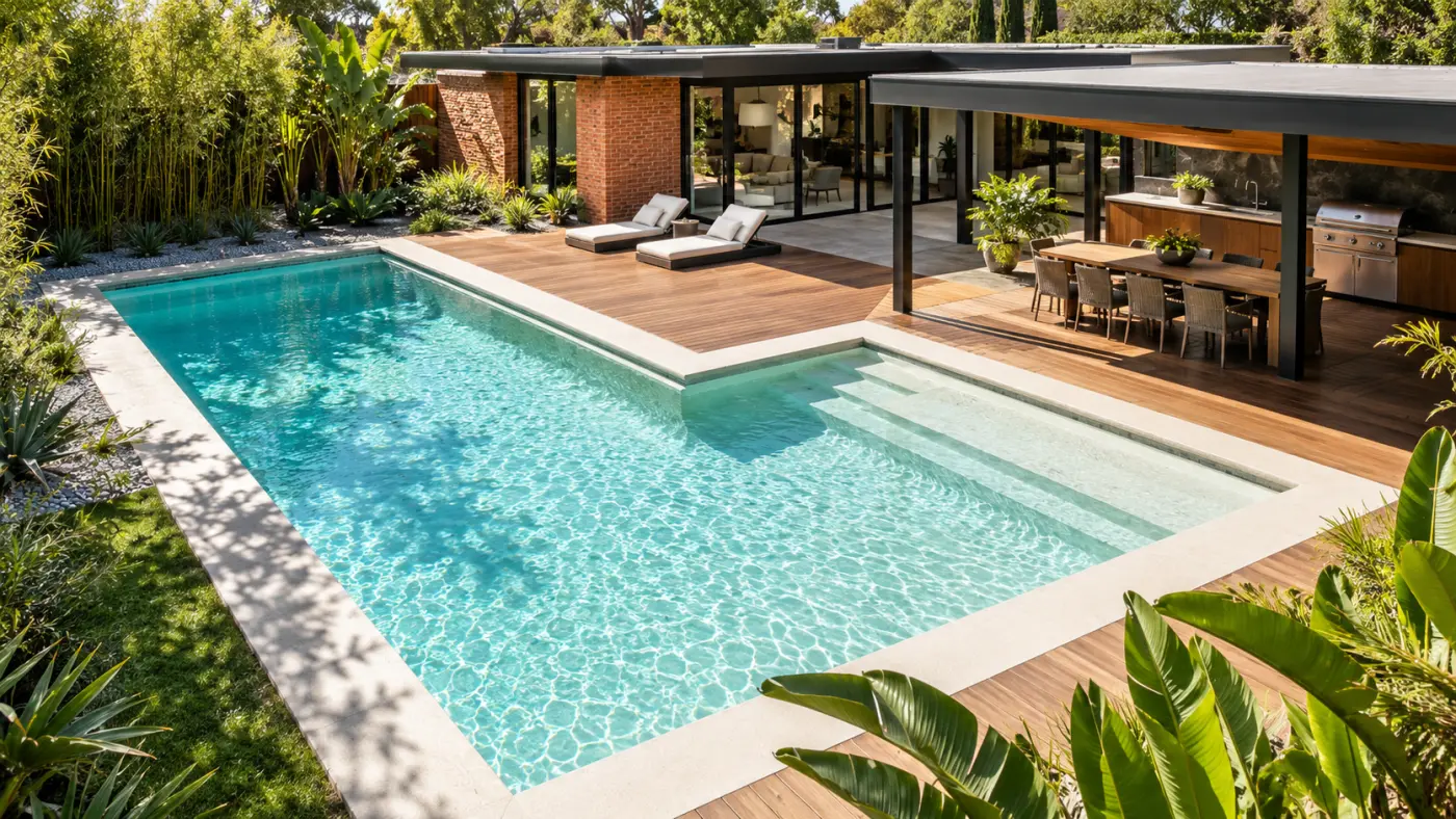 Custom inground pool with wood decking, a covered outdoor kitchen and lush landscaping in West Hills, CA.