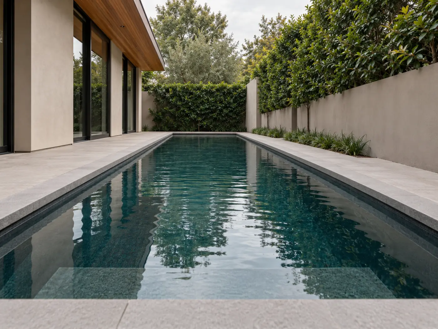 Narrow courtyard pool beside a modern home, with dark blue-green water and tall privacy hedges.