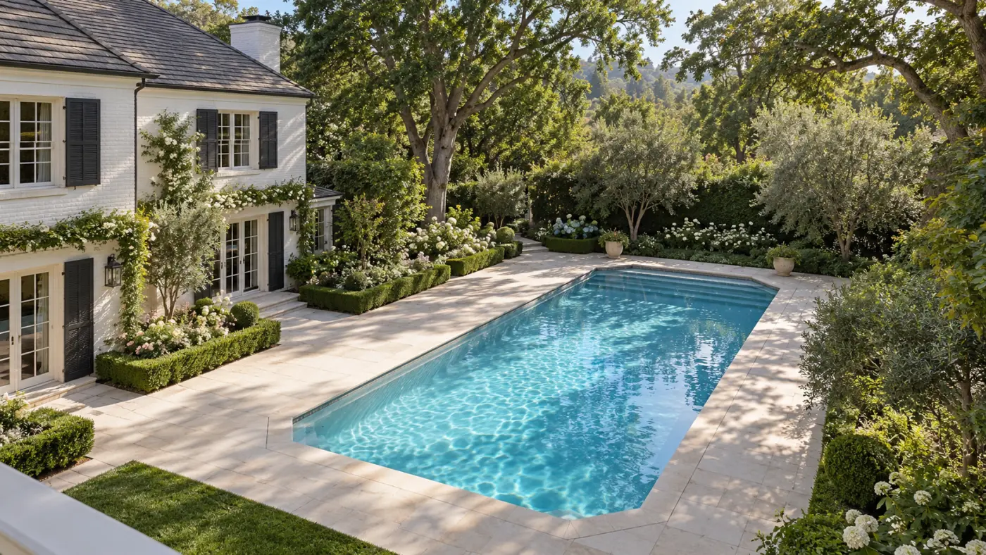 Rectangular swimming pool beside a white brick home, surrounded by pale paving, mature trees and garden beds.