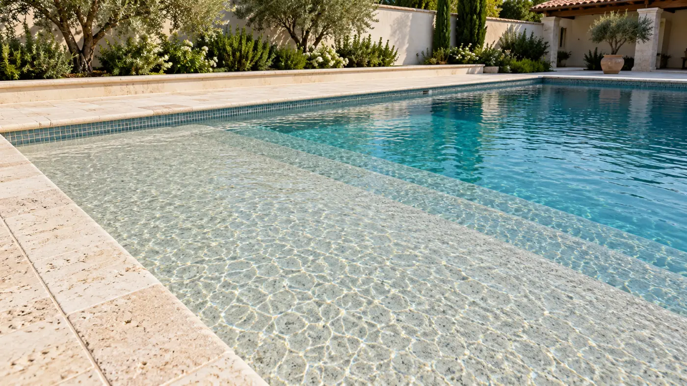 Shallow pool shelf and submerged steps bordered by pale stone coping and blue waterline tiles.