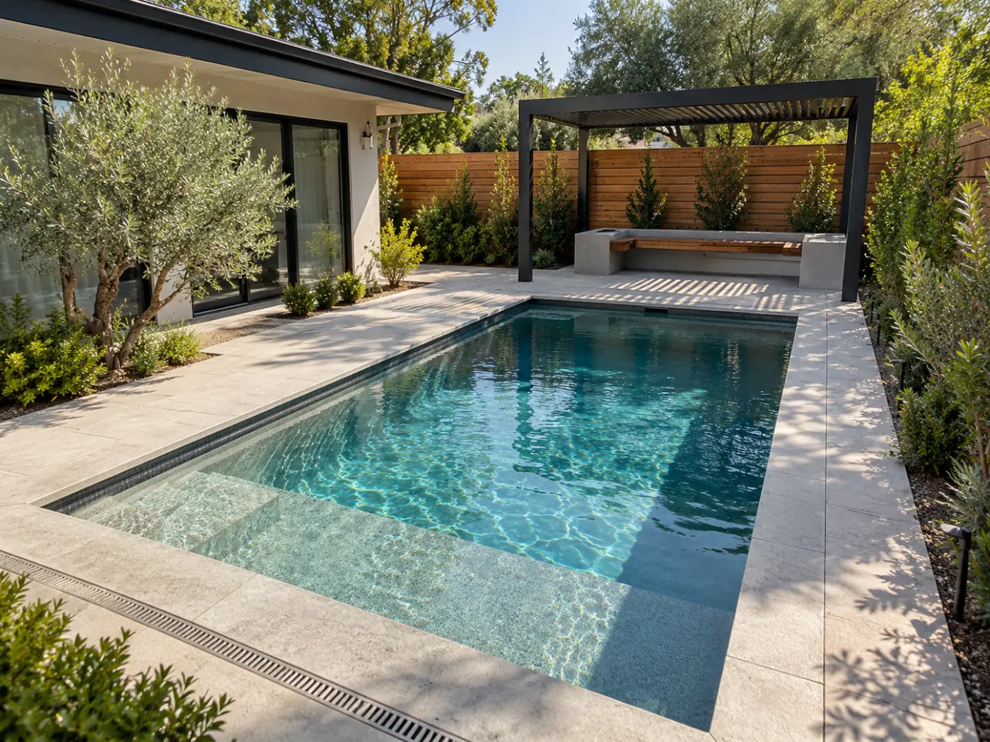Compact rectangular plunge pool with pale decking and a pergola-shaded bench.