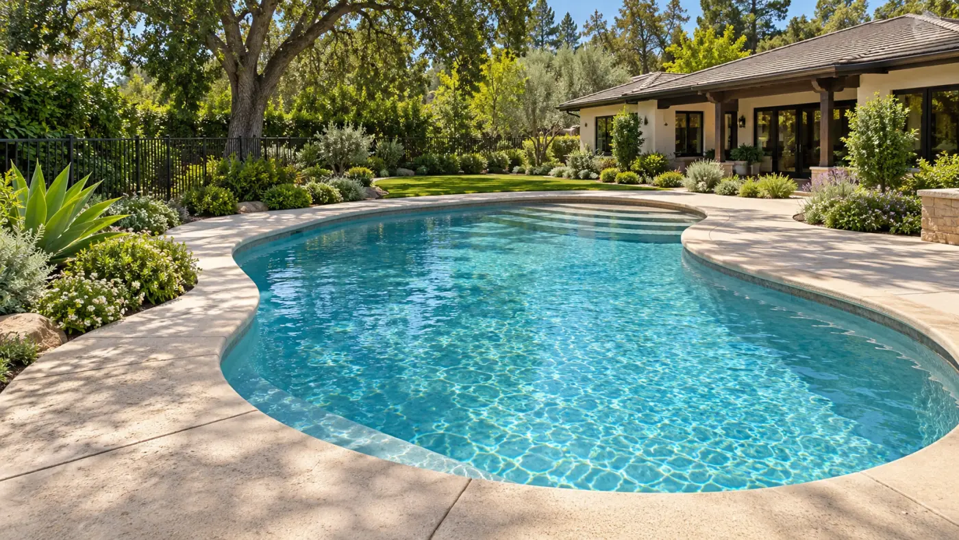 Freeform backyard pool surrounded by mature trees, garden beds and a shaded ranch-style patio.